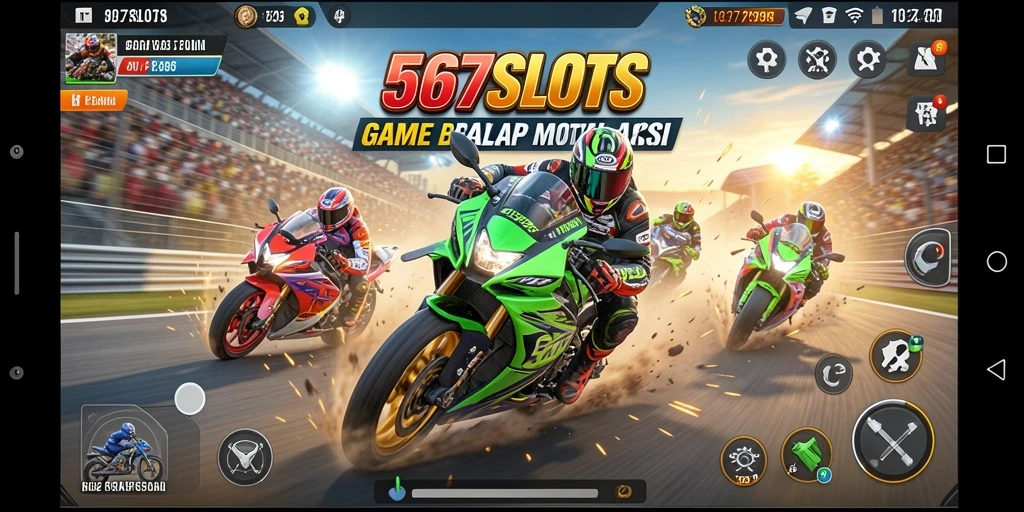 Gameplay seru di 567SLOTS dengan aksi balap motor cepat.