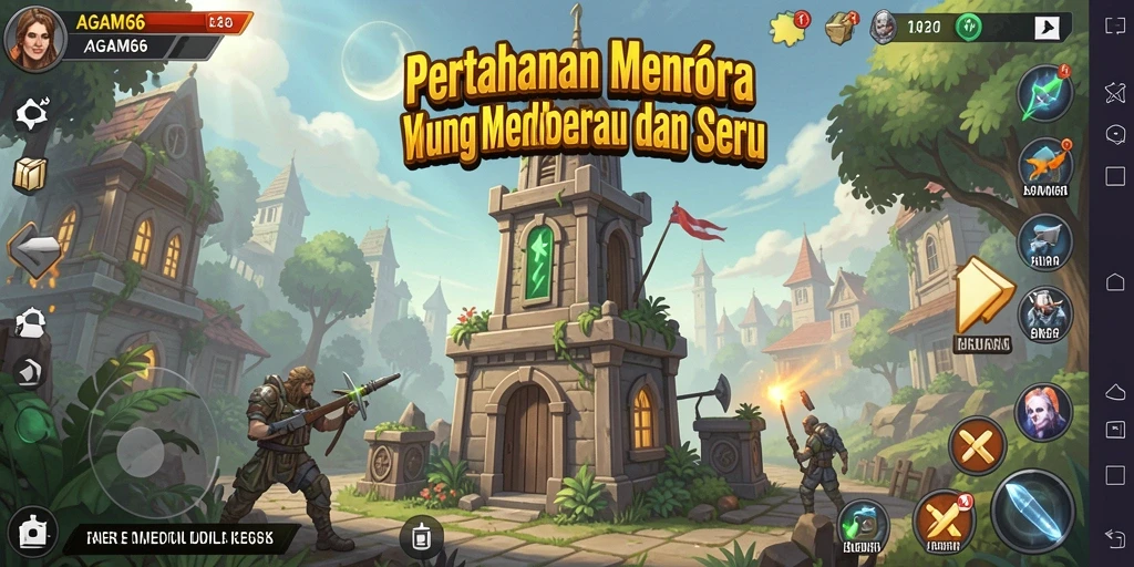 Screenshot gameplay AGAM66 menampilkan menara dan musuh yang menyerang.