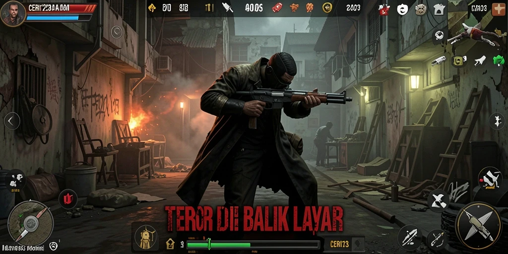 Screenshot gameplay CERI123 menampilkan suasana mencekam dan karakter menyeramkan.