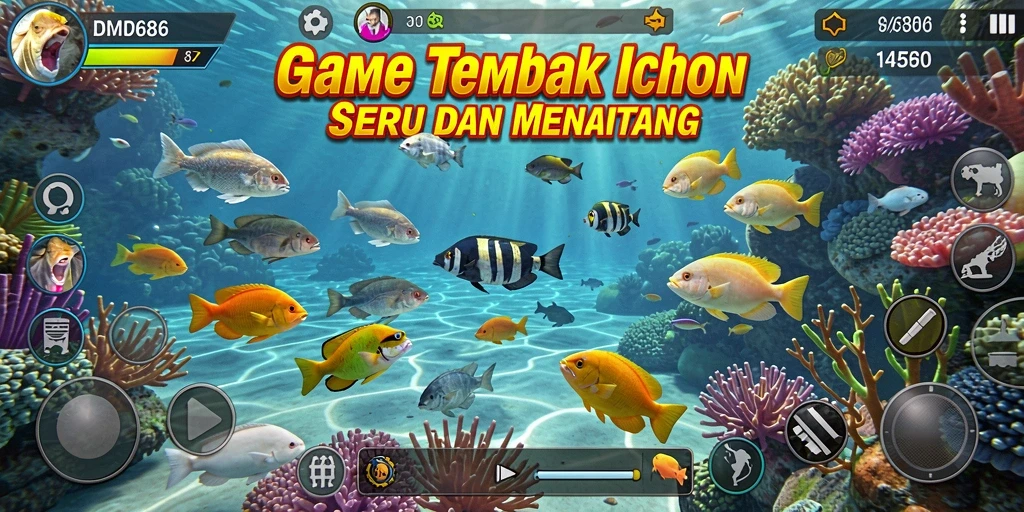 Screenshot gameplay DMD686 menampilkan aksi menembak ikan yang seru.