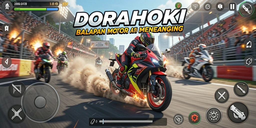 Tampilan gameplay balapan motor yang seru di DORAHOKI.