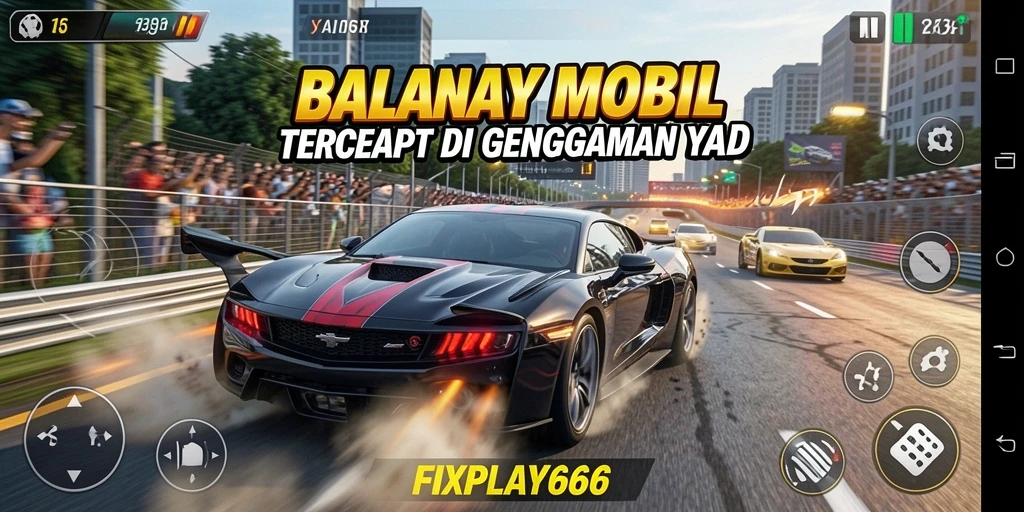 Tampilan gameplay FIXPLAY666 menampilkan aksi balapan mobil yang mendebarkan.