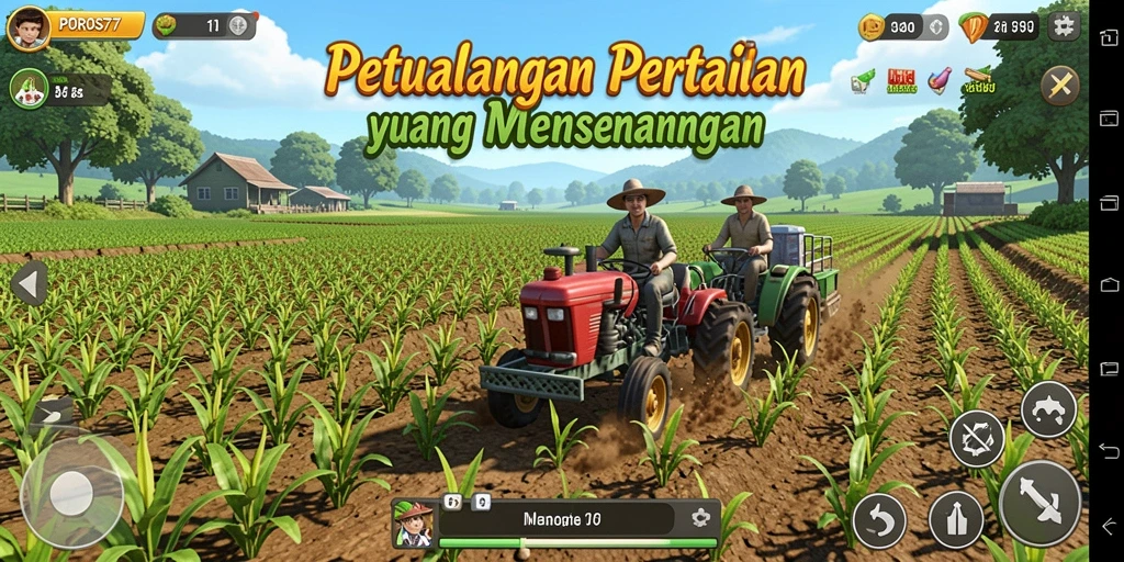 Tangkapan layar dari gameplay POROS77 yang menunjukkan pertanian yang berkembang.
