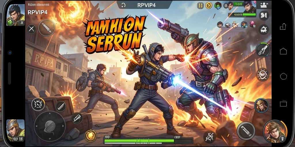 Screenshot menunjukkan aksi seru dari permainan RPVIP4 dengan karakter bertarung melawan musuh.