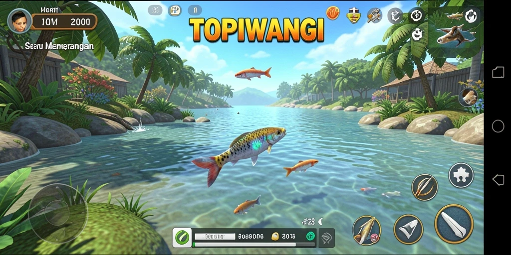 Tampilan gameplay seru dalam TOPIWANGI saat memancing ikan.